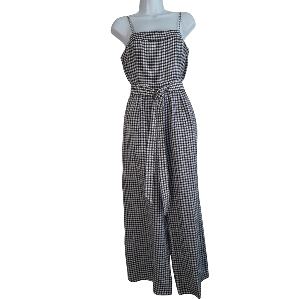 J. Crew Gingham Linen Jumpsuit Navy And White Size 10 - Picture 3 of 15